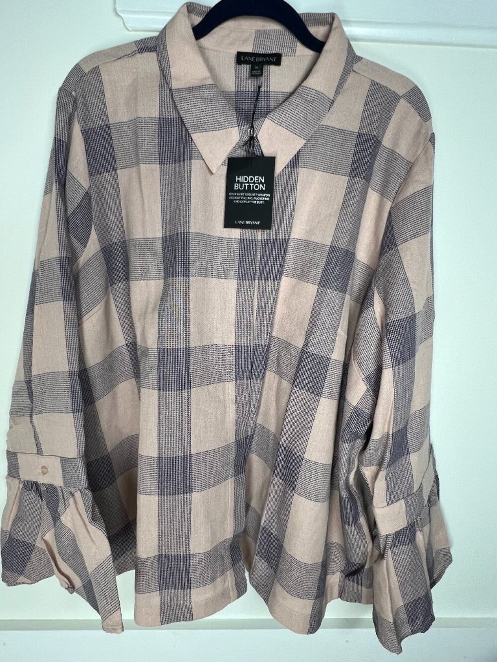 Lane Bryant Womens Top Size 26 Navy Pink Plaid 3/4 Bell Sleeve Button Up NWT
